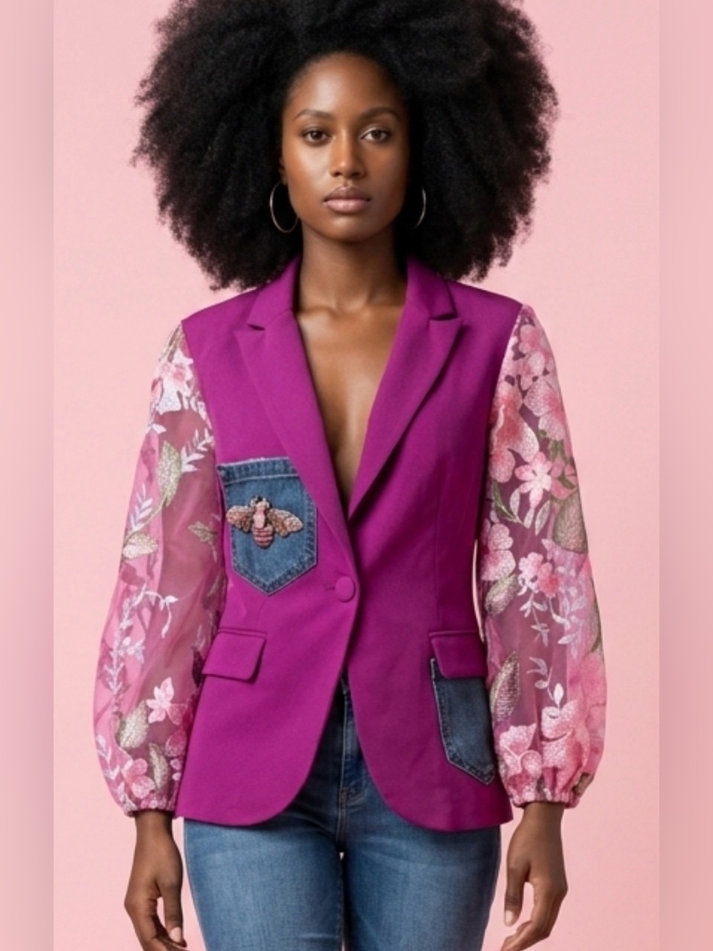 Upcycled Womens Magenta Blazer with Embroidered Sheer Floral Sleeves size L - Picture 3 of 8